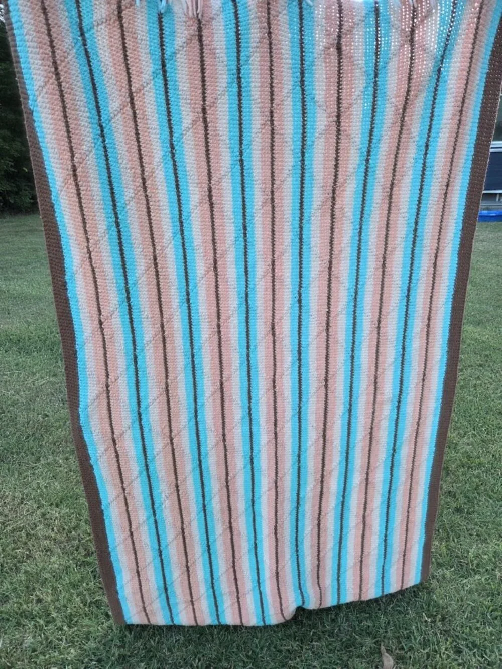 Vintage Handmade Afghan Fringe Throw Southwest Blanket 64 X 42” Turquoise Peach